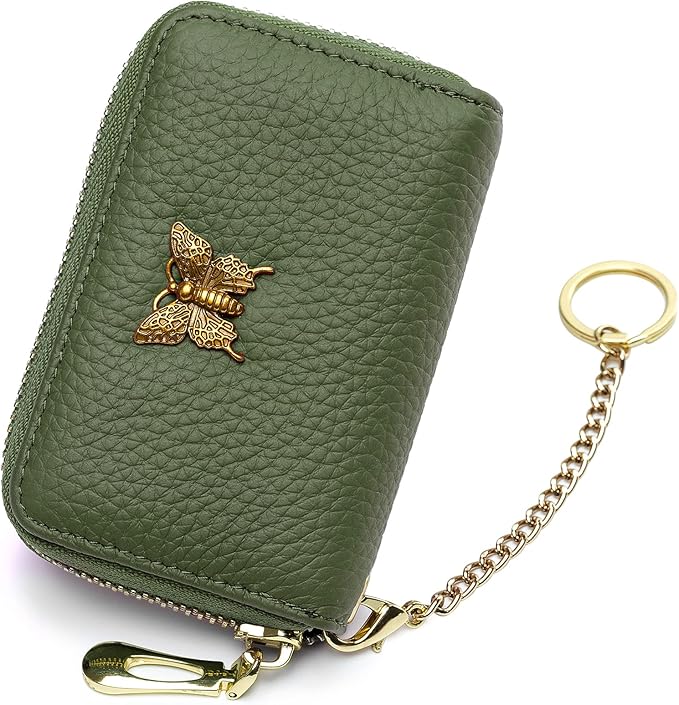 imeetu RFID Credit Card Holder for Women Genuine Leather Card Case Wallet with Zipper and Removable Keychain (Olive Green)