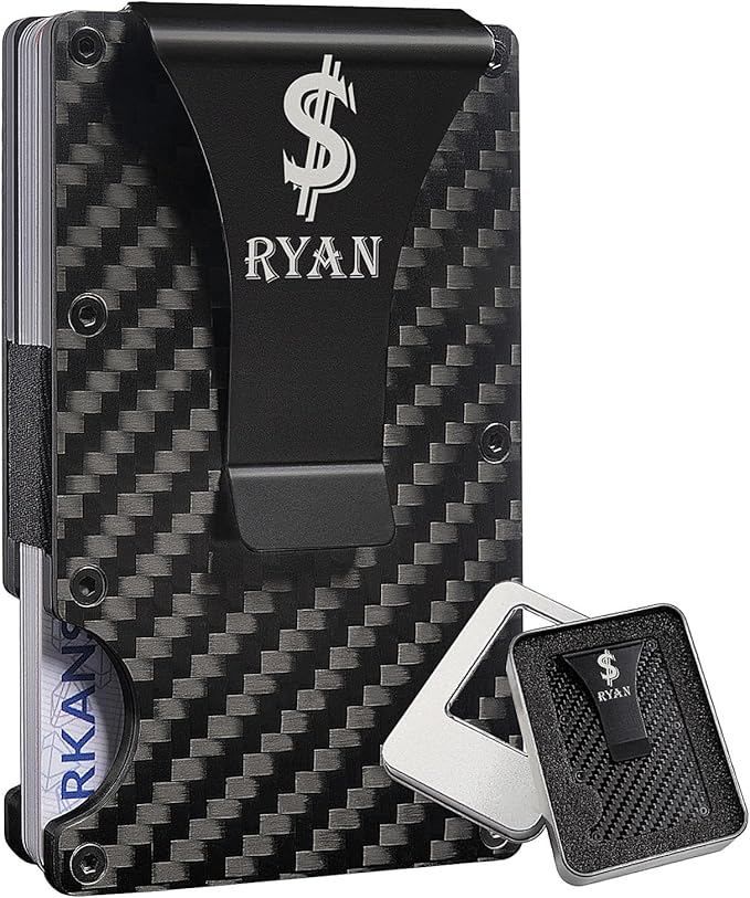 Kullder Personalized Money Clips for Men - RFID Carbon Fiber Wallet Custom Gifts for Him - Groomsmen, Dad, Husband, Boyfriend, Son Graduation & with Box