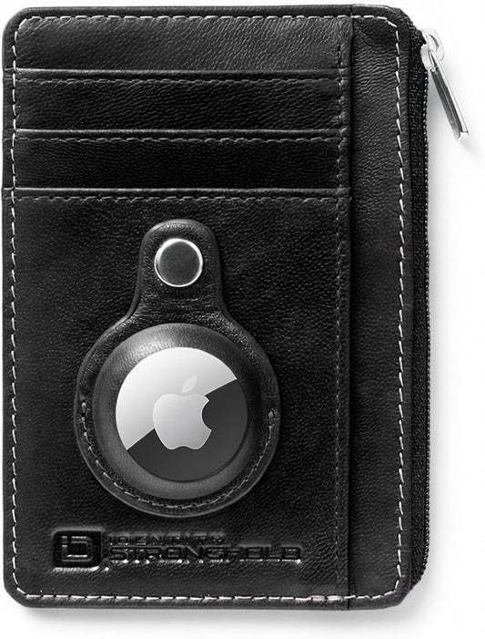 ID Stronghold RFID Blocking Front Pocket Wallet – Slim Minimalist Genuine Leather Wallet with Zipper Coin Pocket (Airtag Black)