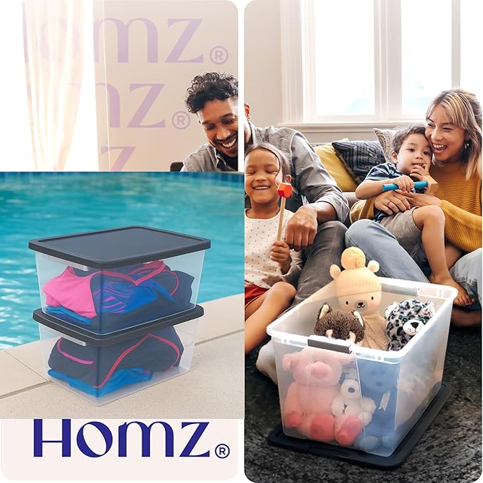 HOMZ 2-Pack Snaplock, Large Clear Plastic Storage Organizer Bins w/Lids, 56 Quart, Gray - Stackable Container Boxes for Bedroom, Bathroom, Garage, and Office Organization