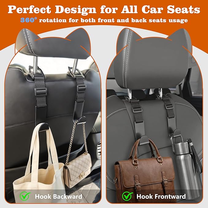 Amooca Car Headrest Hooks 4 Pack Adjustable Universal Fit Auto Seat Back Organizer Storage Hanger Purse Bags Holder with Clip Black