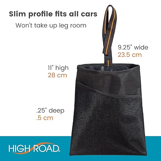 High Road Slim Hanging Car Trash Bag with Waterproof Liner, Storage Pocket and Adjustable Strap - Hangs from Handles or Headrest Posts Without Taking Up Legroom