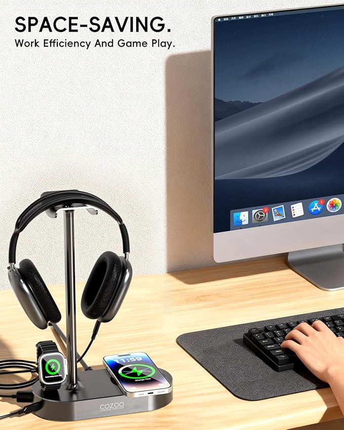 cozoo 15W Wireless Charging Headphone Stand with USB & Type-C Ports, Desktop Gaming Headset Holder, Cool Gaming Accessories & Tech Gifts for Men Teen Boys,Gamer Gifts, for Boyfriend and Teens