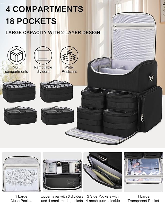 Relavel Tattoo Backpack with 4 Removable Pouches, Tattoo Travel Case with 3 Detachable Dividers, Waterproof Tattoo Carrying Case for Stencil Printer, Equipment and Supplies - Black
