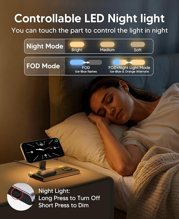 Foldable 3 in 1 Magnetic Wireless Charging Station for Apple Devices, Leather-Like Fast Wireless Charger Dock with Night Light for Magsafe iPhone 17/16/15/14, Apple Watch, AirPod,Gift for Men