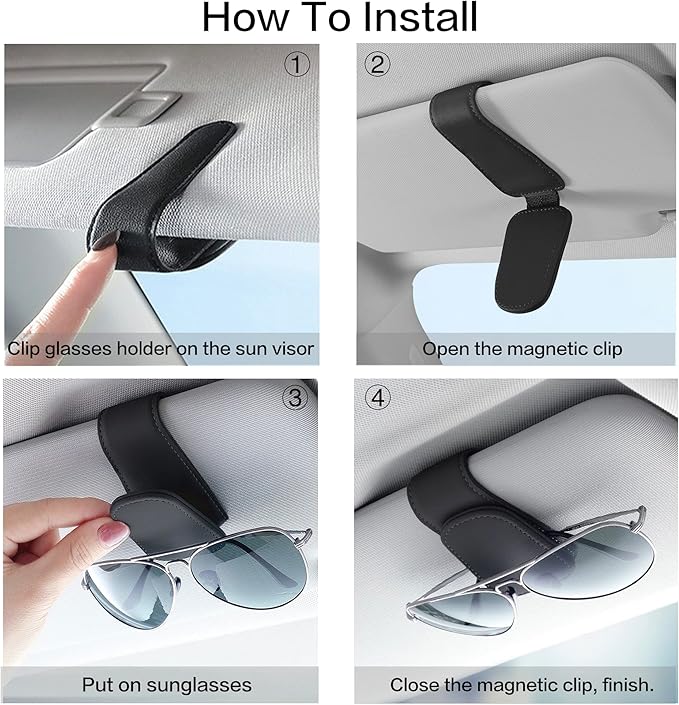 Sunglass Holder for Car Sun Visor, Magnetic Eyeglass Hanger Clip for Car Visor, Leather Car Glasses Mount, Car Interior Visor Accessories (Beige-1Pcs)