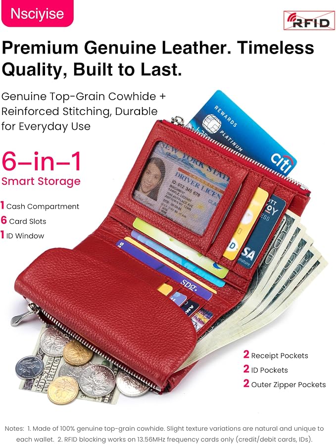 Nsciyise Premium Leather Wallet for Women, Red | Multi-Slot Card Holder, RFID Blocking Protection, ID Window, Zipper Coin Purse, Trifold Genuine Cowhide