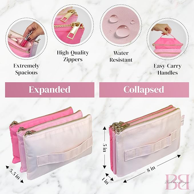 BOBBIE Accordion Travel Makeup Bag, Large Capacity Cosmetic Bags for Women, Durable & Compact Make up Organizer, Lightweight & Portable Zipper Pouch, Water-Resistant Toiletry Bag with 3 Compartments