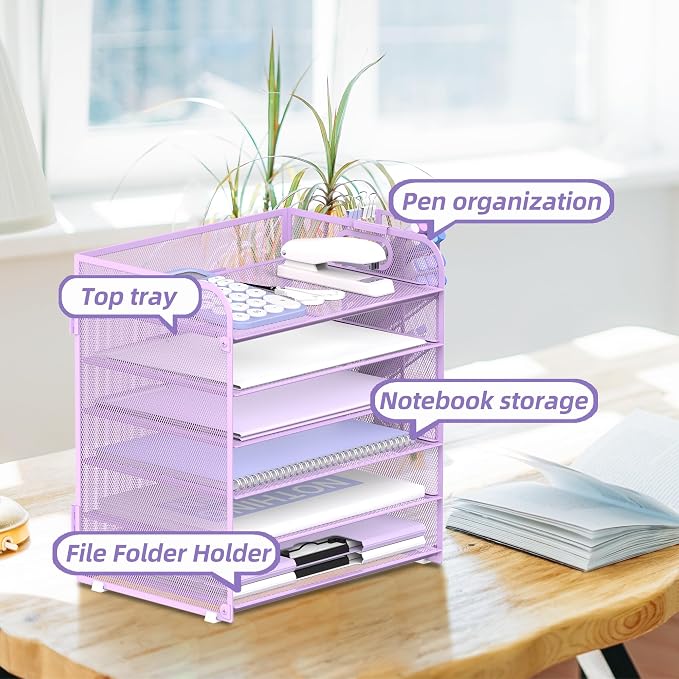 SUPEASY 6 Tier Paper Organizer with 4 Pen Holders, Mesh Letter Tray with Handle, A4 File Organizer, Purple