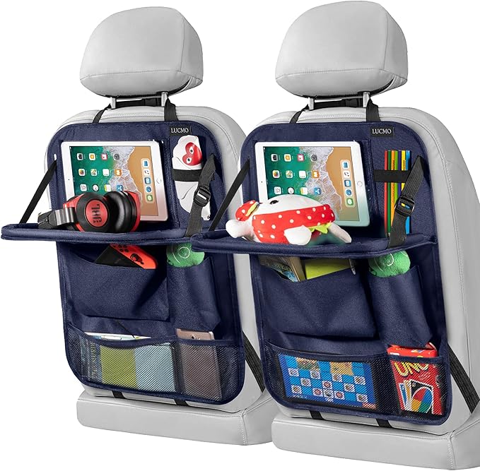 LUCMO Car Backseat Organizer with Tablet Holder-2 Pcs,6 Storage Pockets Car Storage Organizer with Foldable Food Tray,Protectors Kick Mats Travel Accessories-Dark Blue