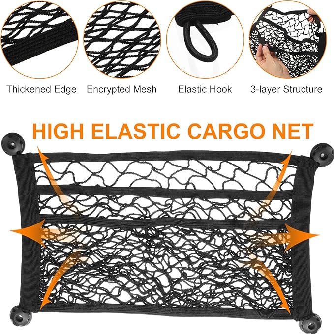 HARFINGTON 3-Layer Small Cargo Net 18" x 9.8" Stretchable Storage Mesh Pocket Net Automotive Cargo Nets Storage Pouch Organizer with 4pcs Screws and 4pcs Hooks for Trunk RV Boat
