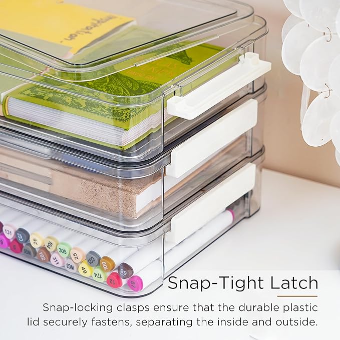 Citylife 3 PCS 9 x 13 Plastic Storage Bins with Lids and Latches, Portable Art Supply Storage Organizer, Paper Storage Box for Organizing A4 Paper, Letters, Documents, Art Supplies, and Crafts