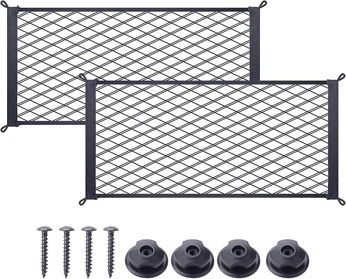 2 Pcs Universal Stretch Mesh Car Mesh Bag with Screws and Hooks for Trunk RV Boats Home Cargo Storage (17.7'' x 9.8'')
