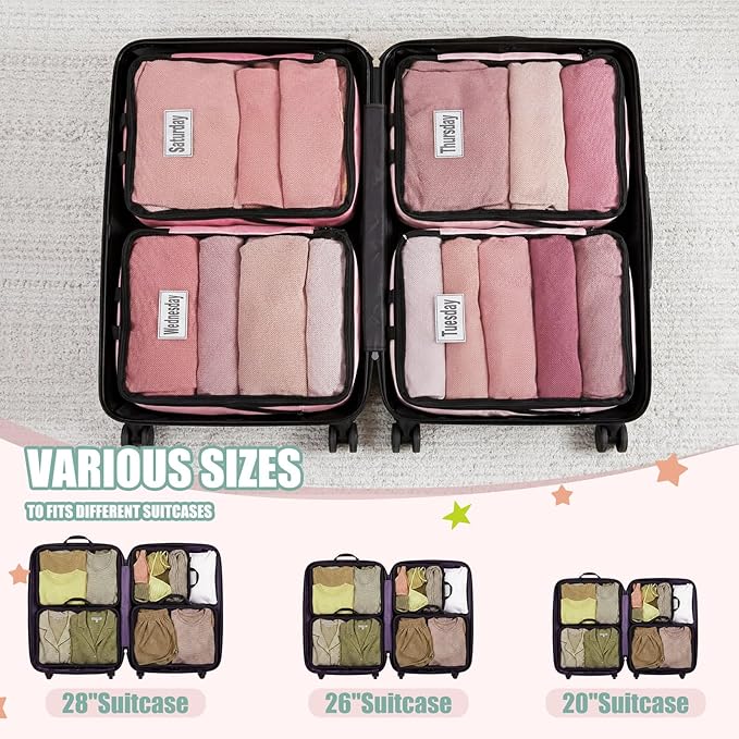 7 Pcs Packing Cubes for Travel Days of Week Compression Packing Cube with Labels Organizers Luggage Storage Bag(Vibrant Color,Large)