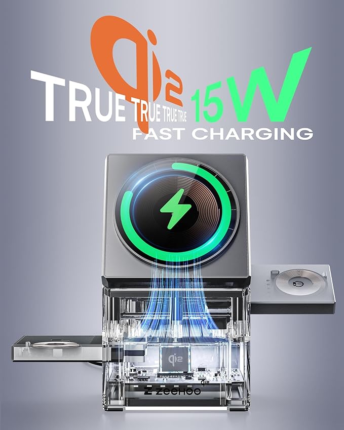 ZEEHOO 3 in 1 Charging Station for Apple, Mag-Safe for iPhone Charger, Qi2 Certified Rotating Wireless Charger Stand for iPhone 17,16,15,14,13,12 Series, Apple Watch, AirPods (USB-C Charger Included)