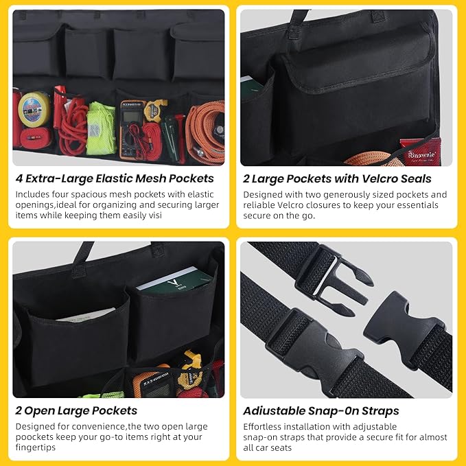 Car Backseat Hanging Trunk Organizer Extra-Long, 30% More Storage, 8 Large Pockets Car Storage Bag for SUV, Truck, Van – Super Capacity SUV Hanging Organizer for a Neat & Clutter-Free Space - Black