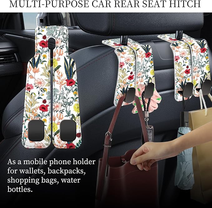 PU Leather Car Seat Hook, Storage Headrest Hanger, Cute Car Backseat Organizer, Car Hooks For Purses and Bags Colorful Wildflowers White