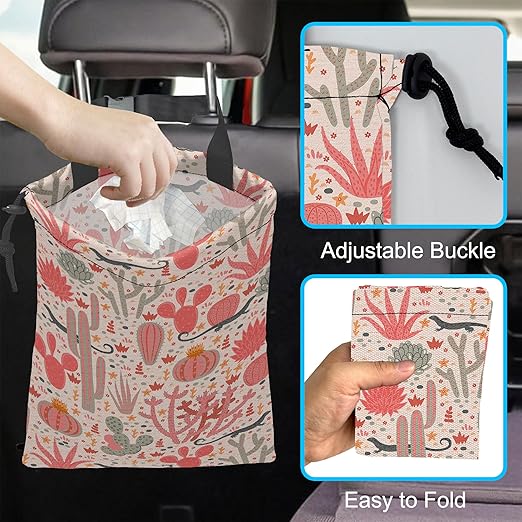 Car Trash Bag Hanging Cacti and Lizards Car Trash Can Waterproof Garbage Bag Hanging for Car Back Seat with Adjustable Straps and Drawstring for Car Accessories Vehicle Travelling