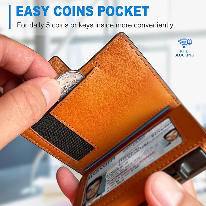 miyozi Wallet for Men with Money Clip Coins Pocket ID Window Gift Boxed,Slim Smart Front Pocket RFID Blocking Wallet Pop-up Card Holder in Magnetic Leather Flip 3.9"x 2.7"