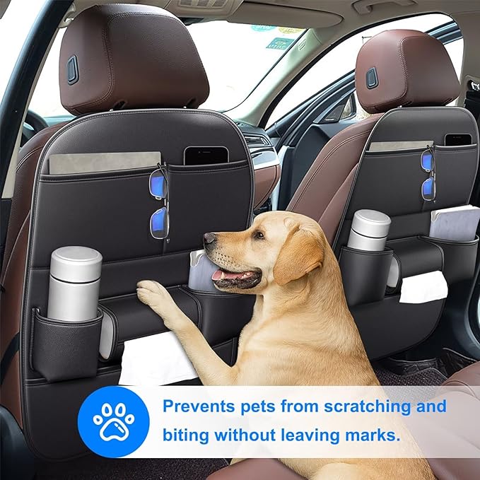 Back Seat Protector 2 Pack Fit For Ford F150 Car Kick Mats with Cup & Tissue Storage Organizer Pockets Waterproof Dirt Proof Faux Leather Auto Accessories For Kids(1 Pair Black)