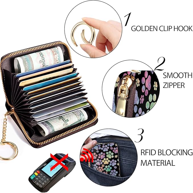 Credit Card Holder RFID Wallet, Small Card Holder Wallet for Women with Keychain Zipper, Funny Leather Print Credit Card Wallets Accordion Gift