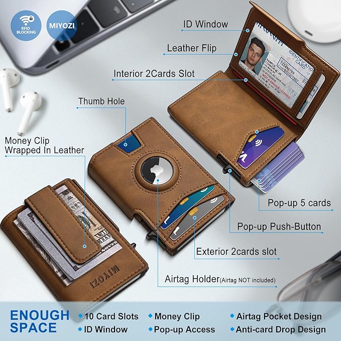 miyozi Airtag Wallet for Men,with Money Clip 10 Cards Metal Case Smart Slim Pop Up Credit Card Holder Flip with Magnetic Closure RFID Blocking wallet with Gift Box
