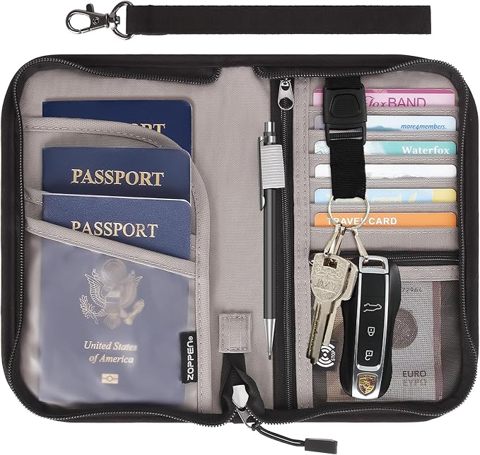 ZOPPEN Passport Holder Family RFID Passport Wallet, Passport Holder Women/Men, Travel Wallet Documents Organizer Zipper Case with Removable Wristlet Strap, Travel Essentials for Flying