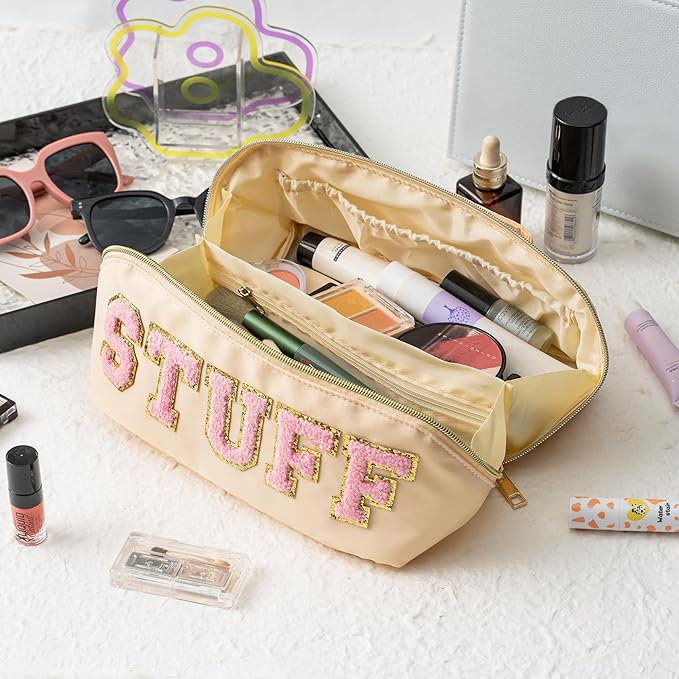 Y1tvei Pink Stuff Makeup Bag - Large Capacity Beige Cosmetic Pouch, Nylon Stony Clover Nylon Stony Clover Makeup Pouch Outfit Decoration Wide Open Cosmetic Package Travel Gift for Women Birthday Party