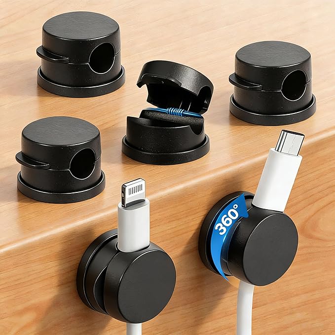 6PC 360° Rotatable Spring Cable Management, Cord Organizer Holder for Desk, Strong Adhesive Cable Clips Desk Accessories, Adjustable Wire Keeper for Nightstand, Home, Office, RV (Black)
