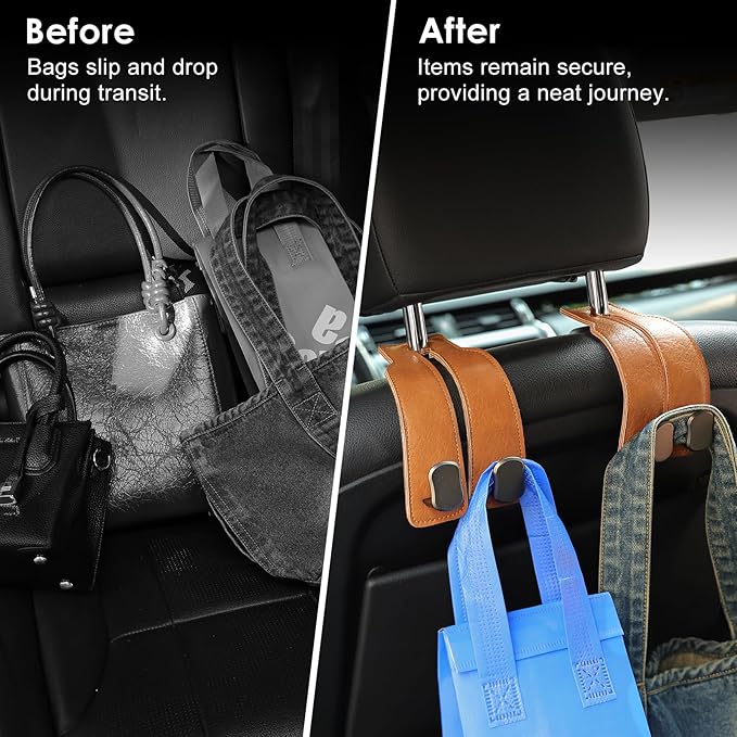 KINIVA Car Seat Headrest Storage Hooks, Set of 2, Suede PU Leather, Double Hooks (06-Brown)