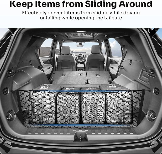 Canvcle Trunk Cargo Net for 2018-2025 2026 Chevy Equinox & GMC Terrain Accessories Envelope Style Mesh Trunk Net Organizer and Storage Stretchable Elastic Nylon Rear Cargo Netting with Hooks