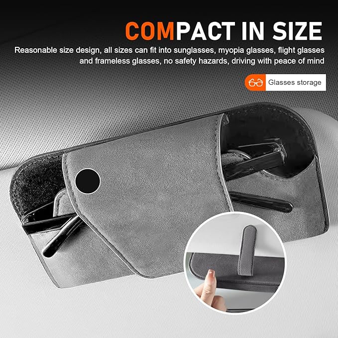 Car Visor Sunglass Holder, Suede Leather Visor Eyeglasses Holder with Clip, Car Interior Protective Glasses Storage Case, Universal for Most Cars (Gray)