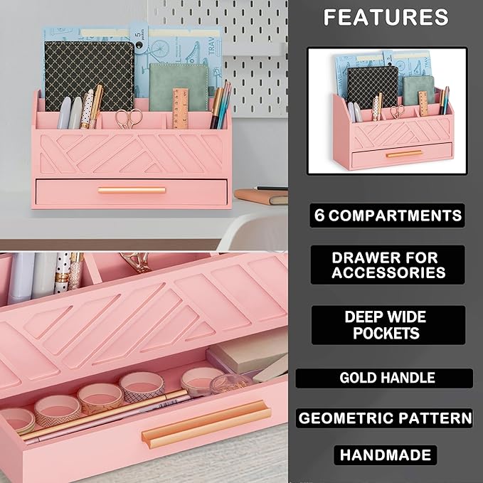Pink Wood Desk Organizer and Accessories with Drawer, Bill Mail Organizer and File Mail Holder for Office Supplies, Modern Desk Accessories & Workspace Organizers for Desk Organization