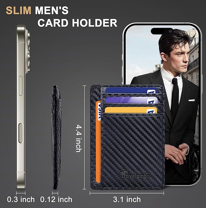 Travelambo Slim Wallet Front Pocket Minimalist Leather RFID Blocking Medium Size (Carbon Fiber Black)