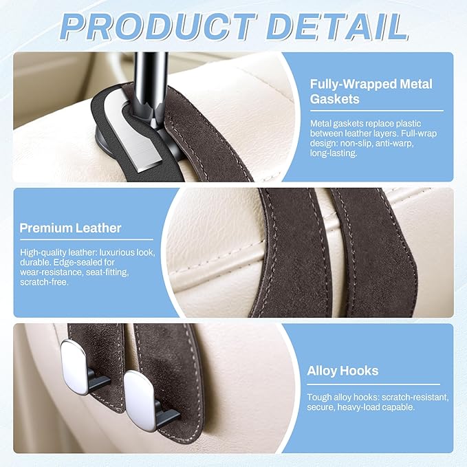 SINGARO 2PCS Car Purse Holder Hook, Seat Back Storage Hook, Leather-Wrapped Alloy Double Headrest Hook for Purses & Bags, Cute Car Interior Accessories for Women and Men, Brown
