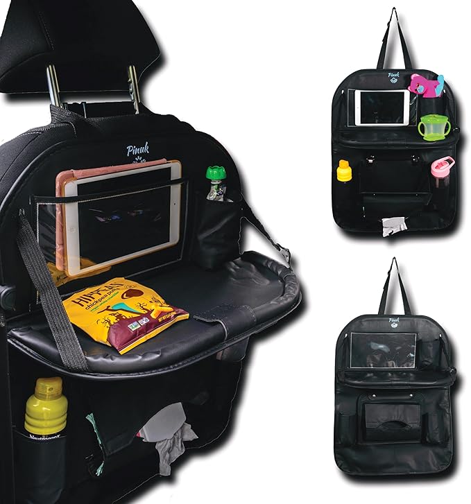 Car Backseat Organizer with Built-in Foldable Tray | Double Layered Leather, Waterproof Car Seat Organizer with Pockets | Easy Installation, Perfect for Family Trips and Daily Use
