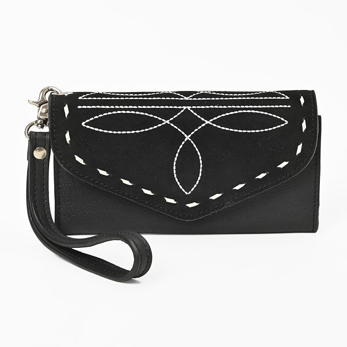 Merbaa Suede Leather Wallet for Women, Genuine Leather Wristlet Clutch with Magnetic Closure, Slim Organizer with Card Slots, Zip Coin Pocket & Compartments, Black