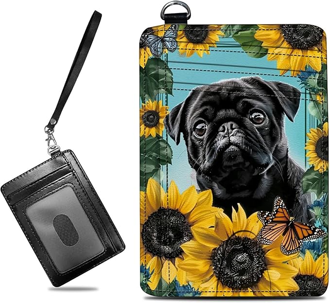 Small Travel Wallets, Sunflower Pug Slim Minimalist Front Pocket Wallet with Wristlet, RFID Blocking PU Leather Credit Card Holder with ID Window Change Purse for Men Women