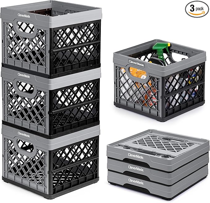 CleverMade Collapsible Milk Crate 25L (6.6 Gal) 3 Pack, 50 lb Capacity Heavy Duty Folding Crate – Stackable Storage Crates with File Rails, Plastic Collapsible Crates - Stone