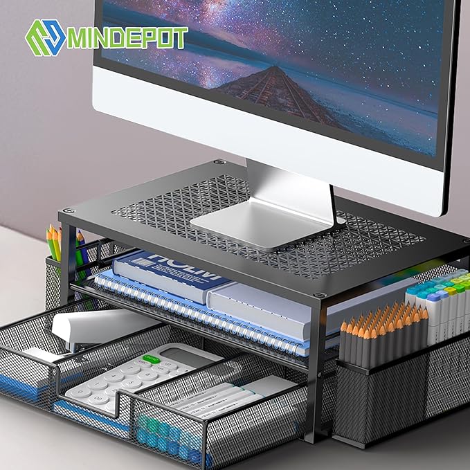 MINDEPOT 2 Tier Computer Monitor Stands with Drawer and 2 Pencil Holder, Metal Monitor Stand, Office Desk Accessories Workspace Desktop Organizers for Office Supplies, Black