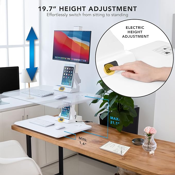 Mount-It! Electric Standing Desk Converter, Adjustable Tabletop Sit Stand Desk Riser with Single Monitor Mount for Monitors up to 32", Freestanding 28" Wide Platform Rises up to 20.75" White