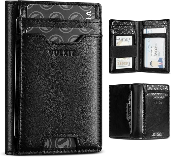 VULKIT Credit Card Holder RFID Blocking Slim Leather Front Pocket Mens Wallet Bank Card Holder Quick Access with 10 Slot and Money Band for Bills or Receipt, Palm-Size Wallet, Black, 10.9 x 7.3 x 1.6
