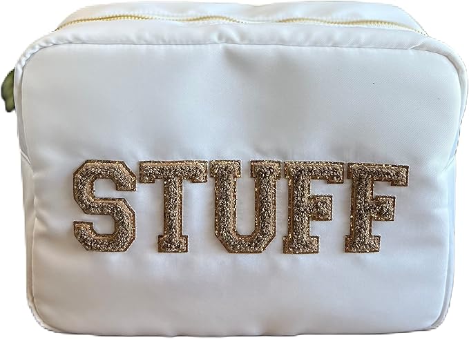 SkyTen Chenille Letter Make Up Bag Nylon Cosmetic Case Stuff Glam Stoney Clover Dupe Travel Organizer (White, X-Large)