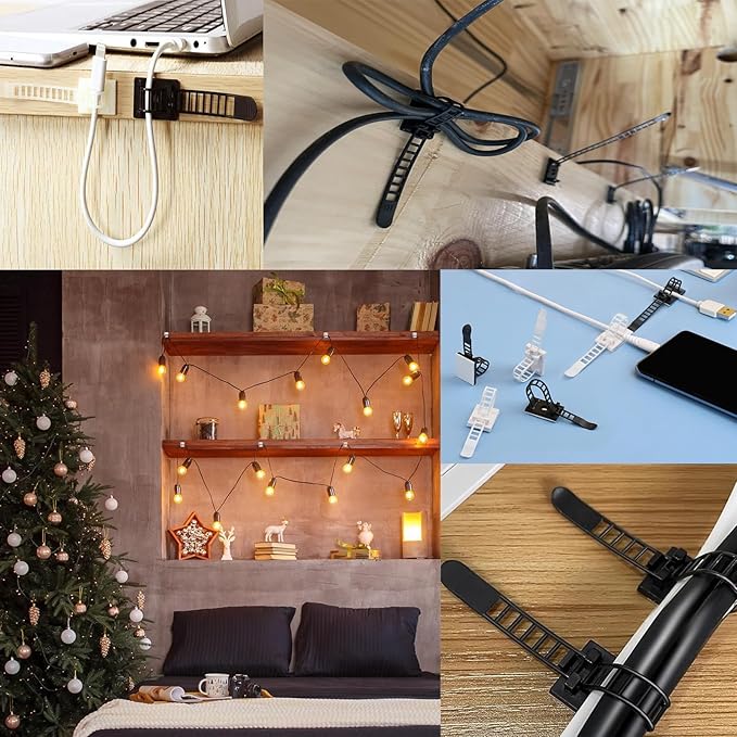 Adjustable Adhesive Cable Management Clips 50Pcs, Large self Adhesive Cable Ties Clips ，Suitable for Cable Management Under desks and on Walls(Black)