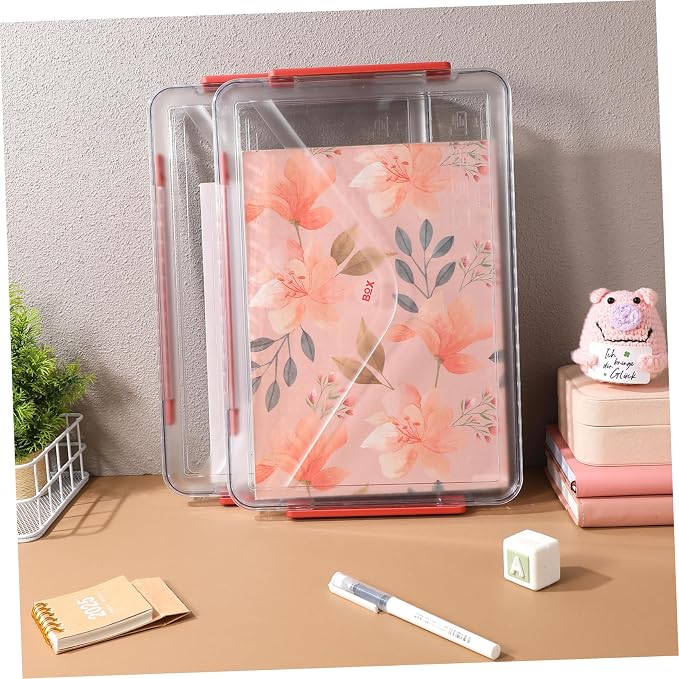 2pcs Clear Plastic File Storage Boxes with Lids and Handles Stackable Document Organizer Bins for Artwork Paper Magazines and Office Supplies Space-saving Desktop Containers