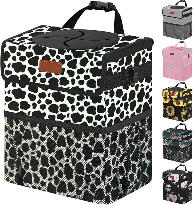 Vankor 3 Gallons Car Trash Can with Lid, Car Bag Bin Hanging Waterproof Automotive Garbage Cans Leak Proof Vehicle Trash Can Cow Print