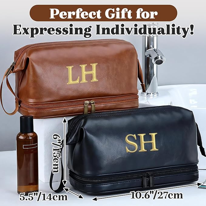 Personalized Leather Toiletry Bag for Men, Embroidered Custom Initials, Men's Travel Accessories, Gifts for Dad, Grandpa, Husband, Groomsmen, Father's Day Birthday Gifts (Style 6)