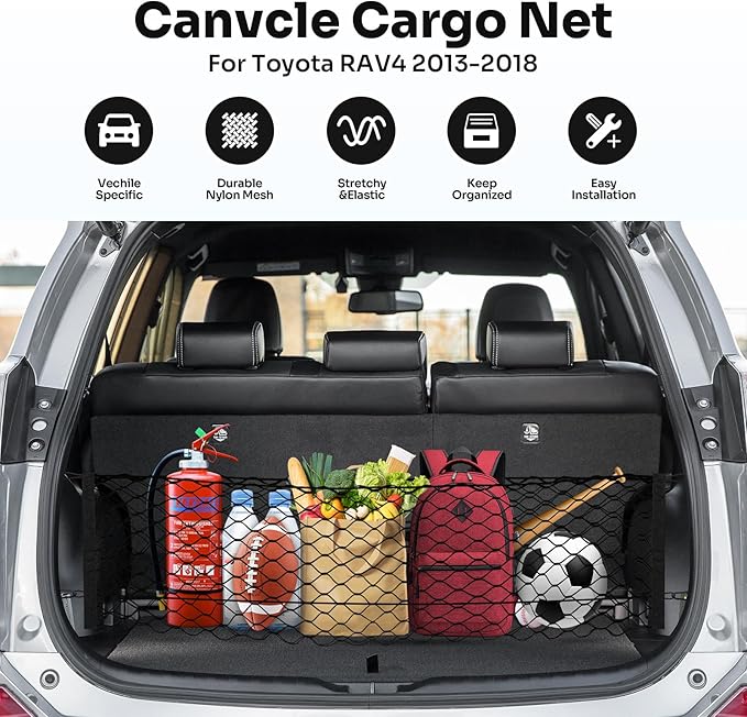 Canvcle Trunk Cargo Net for 2013-2018 Toyota RAV4 Accessories Envelope Style Mesh Trunk Net Organizer and Storage Stretchable Adjustable Elastic Nylon Rear Cargo Netting with Hooks