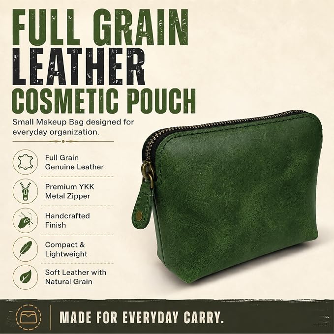 Full Grain Leather Cosmetic Bag – Zippered Makeup Pouch for Women, Small Travel Toiletry & Organizer Pouch for Purse, Premium Handmade Leather (5 × 4 × 2.5 in)