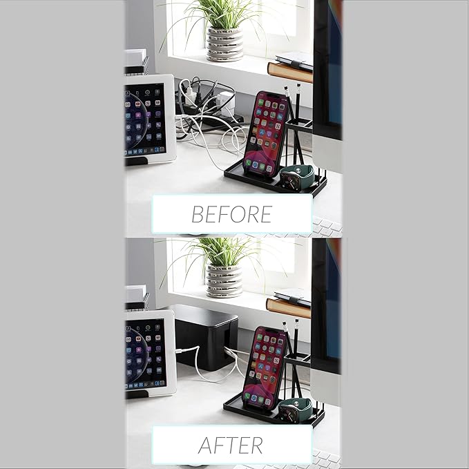 Simplify 2 Pack Cable Organizer Box | Multi-sized | Hidden Storage with Lid | Chargers & Wires | Computer & TV Cords | Black
